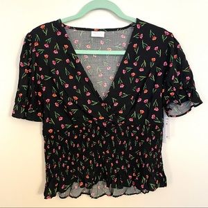 NWT - Abound Black with Floral Print Shirred Crop Top - Size Medium
